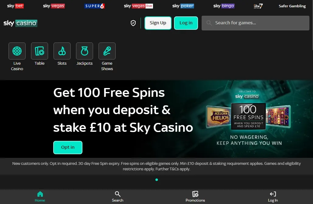 Sky Casino homepage screenshot